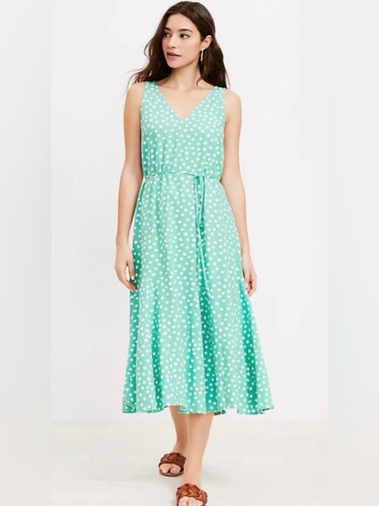 LOFT Dresses & Skirts - LOFT Linen Blend Midi Dress Petite Small Green Polka Dot Sleeveless Tie Waist